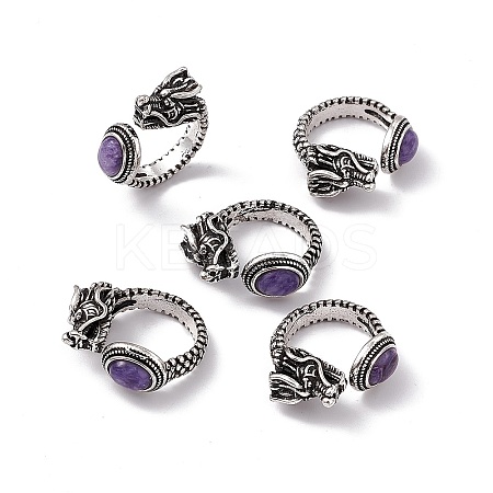 Dragon Head Natural Charoite Cuff Rings RJEW-G273-03AS-03-1