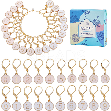 20Pcs 2 Colors Flat Round with Number Alloy Enamel Locking Pendant Stitch Markers HJEW-SC00045-1