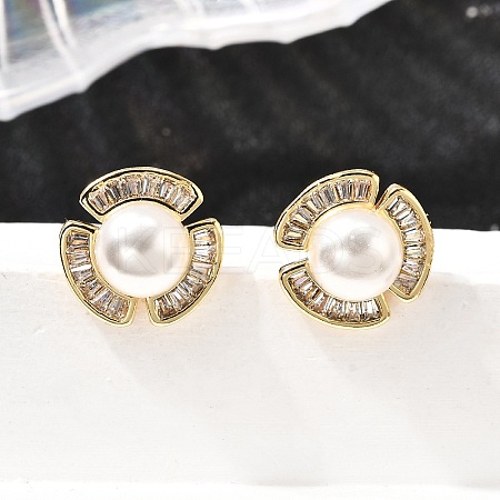 Flower Brass Micro Pave Clear Cubic Zirconia Stud Earrings EJEW-A135-22G-1