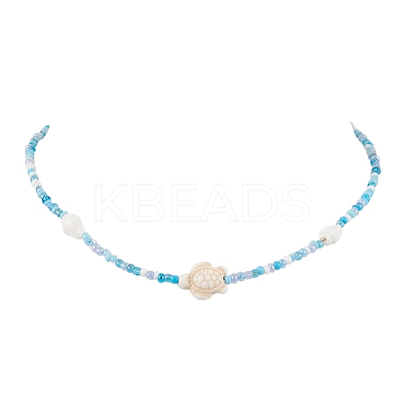 Summer Beach Sea Turtle Dyed Synthetic Turquoise & Glass Seed Beads Beaded Necklaces for Women NJEW-JN05081-02-1