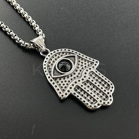 Retro Punk Style 304 Stainless Steel Jet Rhinestone Hamsa Hand Pendant Necklaces for Hip-hop Fashion Men JT3718-1