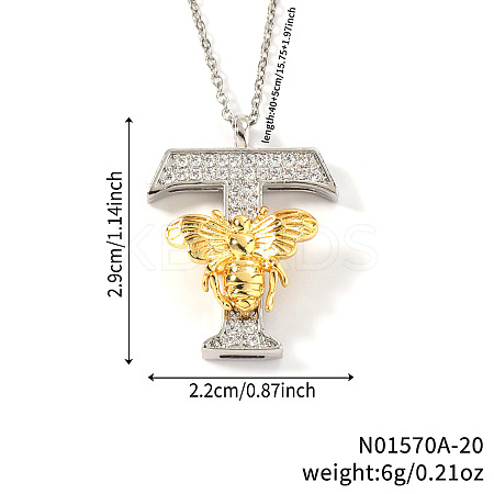 Brass Micro Pave Clear Cubic Zirconia Bee Initial Pendant Necklaces FS-WGF5E80-20-1