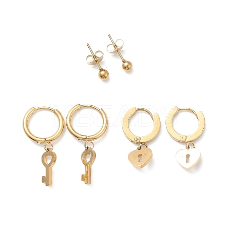 3 Pairs 3 Style Ion Plating(IP) 304 Stainless Steel Ball Stud Earrings EJEW-B020-04G-1