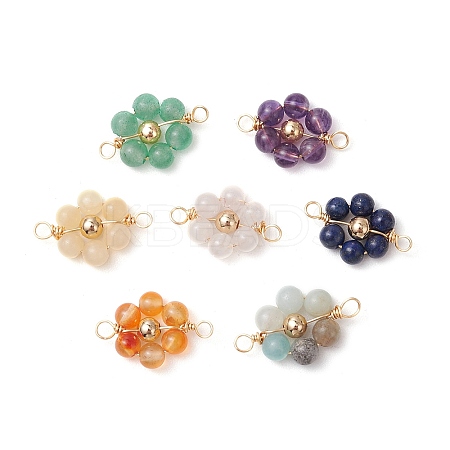 7Pcs 7 Styles Natural Carnelian & Topaz Jade & Amethyst & Rose Quartz & Green Aventurine & Lapis Lazuli & Flower Amazonite & Brass Round Beaded Flower Connector Charms PALLOY-JF03465-1