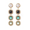 Glass Rectangle Beaded Long Dangle Stud Earrings with Imitation Pearl EJEW-TA00141-01-1