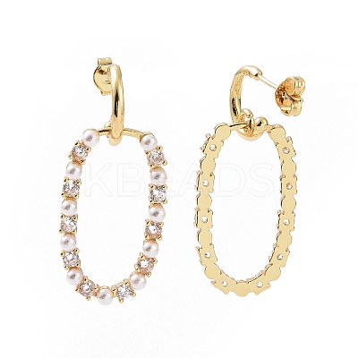 Clear Cubic Zirconia Oval Dangle Stud Earrings with Plastic Pearl Beaded EJEW-C008-25G-1