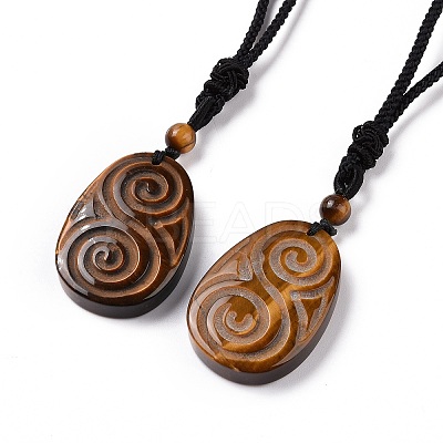 Adjustable Natural Mixed Gemstone Teardrop with Spiral Pendant Necklace with Nylon Cord for Women NJEW-L171-04-1
