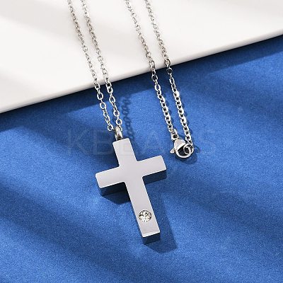 304 Stainless Steel Pave Clear Cubic Zirconia Cross Pendant Pet Urn Ashes Necklaces LS-NJEW-S455-07P-1