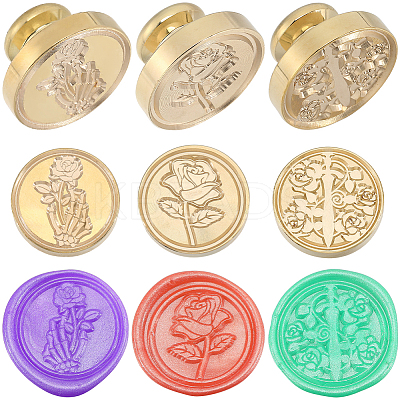 3Pcs 3 Styles Golden Plated Wax Seal Brass Stamp Head AJEW-CP0007-52B-1