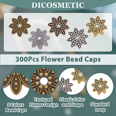 300Pcs 5 Colors 8-Petal Tibetan Style Alloy Flower Bead Caps FIND-DC0003-91-1