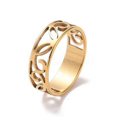 Ion Plating(IP) 201 Stainless Steel Hollow Leaf Finger Ring for Women RJEW-J051-46G-1