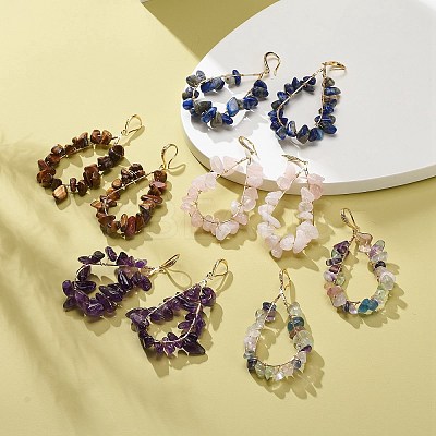 5 Pairs 5 Style Natural Mixed Gemstone Chips Teardrop Dangle Earrings EJEW-JE05074-1
