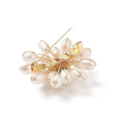 Synthetic Green Turquoise & Natural Pearl Braided Bead Flower Lapel Pin JEWB-TA00006-01-1