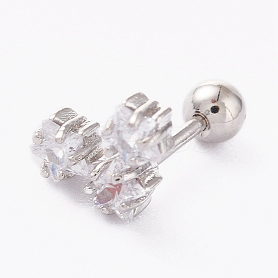 Brass Micro Pave Clear Cubic Zirconia Barbell Cartilage Earrings LS-AJEW-P017-15P-1
