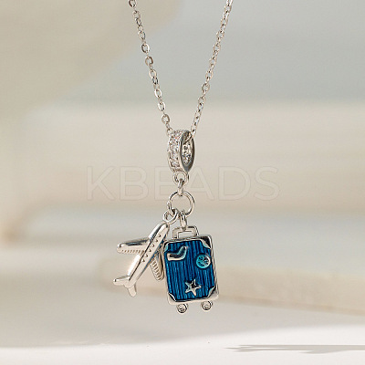 Airplane & Trunk 304 Stainless Steel Micro Pave Clear Cubic Zirconia Pendant Necklaces FS-WG81D22-04-1