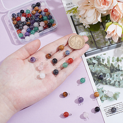 80Pcs 10 Styles Natural & Synthetic Mixed Gemstone Round Connector Charms PALLOY-UN00031-1