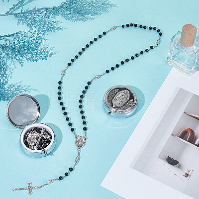 2Pcs Black Round Glass Pearl & Iron Rosary Bead Necklaces NJEW-GO0001-15-1
