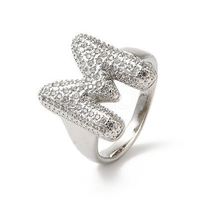 Letter Brass Micro Pave Clear Cubic Zirconia Open Cuff Ring for Women RJEW-N046-03M-P-1