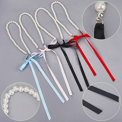 5Pcs 5 Colors ABS Plastic Pearl Round Beaded with Polyester Cord Pendant Necklaces for Women NJEW-CY0001-03-1