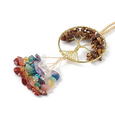 Natural Tiger Eye Tree of Life with Mixed Gemstone Chips Tassel Big Pendant Decorations HJEW-H057-03G-A03-1