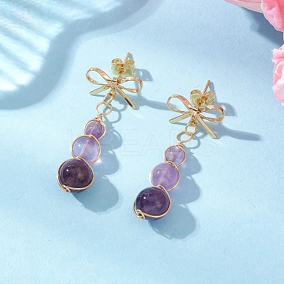 Natural Amethyst Bowknot with Round Dangle Stud Earrings EJEW-JE06780-02-1
