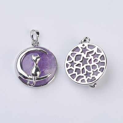 Natural Amethyst Flat Round Pendants G-K234-D09-1
