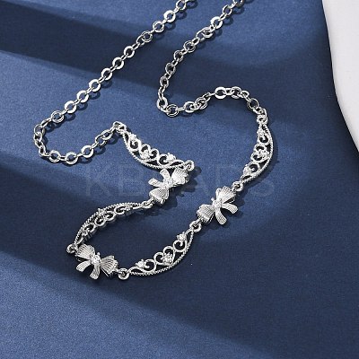 Brass Pave Clear Cubic Zirconia Bowknot and Hollow Moon Link Chain Necklaces NJEW-D348-02P-1