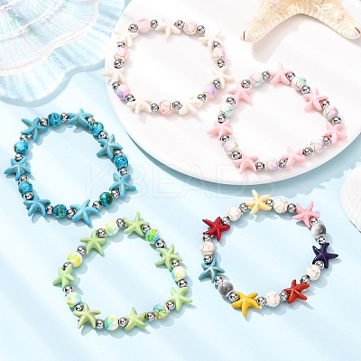 5Pcs Round & Starfish Synthetic Turquoise Beads & Brass Beads Stretch Bracelets Sets BJEW-JB12417-1