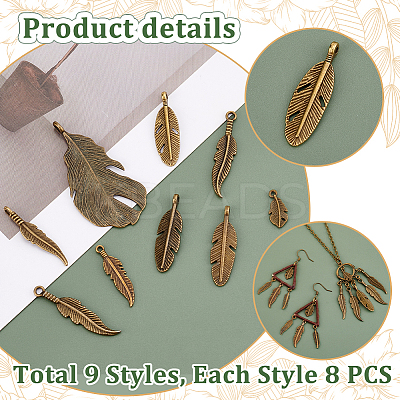 72pcs 9 styles Tibetan Style Alloy Feather Pendants FIND-PH0022-52AB-1