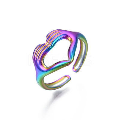 Ion Plating(IP) Rainbow Color 304 Stainless Steel Heart Gesture Open Cuff Ring for Women RJEW-S405-260M-1