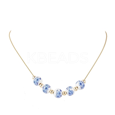 Handmade Flower Printed Porcelain Round Beaded 304 Stainless Steel Snake Chain Necklaces NJEW-JN05361-1