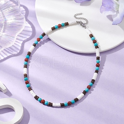 Summer Beach Natural Red Jasper & Synthetic Turquoise & White Shell & Coconut Beaded Necklaces NJEW-JN05012-1