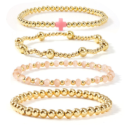 4Pcs 4 Styles Handmade Brass & Natural Gemstone & Glass Beads Stretch Bracelet Set OI0028-3-1