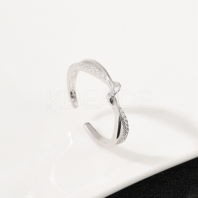 925 Sterling Silver Micro Pave Clear Cubic Zirconia Adjustable Cuff Rings for Women RJEW-G351-04P-1