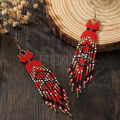 Handmade Bohemian Glass Seed Beads Long Dress Tassel Dangle Earrings MO3708-1-1