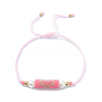 Glass Pearl & Seed Column with Heart Link Bracelet BJEW-MZ00028-01-1