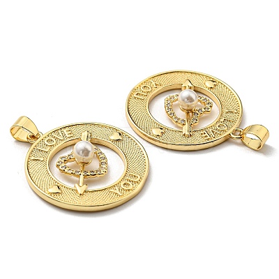 Brass Cubic Zirconia with Plastic Pearl Pendants KK-K341-20G-1