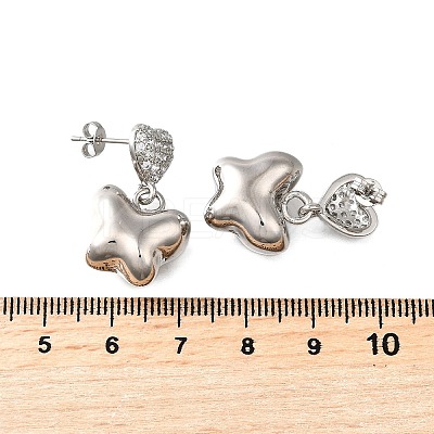 Heart with Butterfly Brass Micro Pave Clear Cubic Zirconia Dangle Stud Earrings EJEW-Z099-01P-1