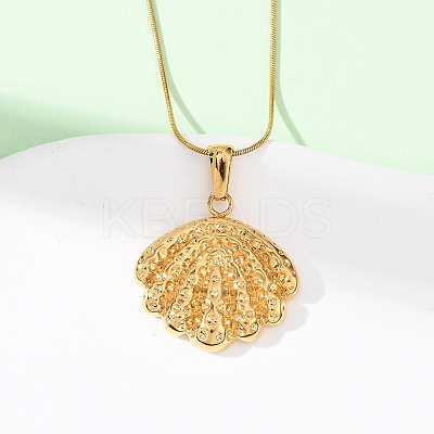 304 Stainless Steel Textured Shell Shape Pendant Snake Chain Necklaces for Women NJEW-F354-10G-1