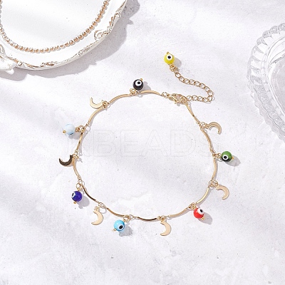 Handmade Evil Eye Lampwork & Stainless Steel Moon Tassel 304 Stainless Steel Curved Bar Link Chain Anklets for Women AJEW-AN00742-01-1