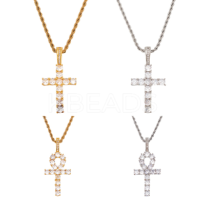 4Pcs 4 Style 304 Stainless Steel with Cubic Zirconia Cross Pendant Necklaces Set with Brass Chains NJEW-AN0001-81-1