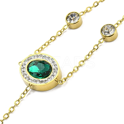 Rhinestone Flat Round Link Chains Bracelet with Glass Oval Open Cuff Ring BJEW-H324-05G-1