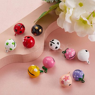 11Pcs 11 Style Christmas Baking Paint Brass Bell Pendants KKB-SZ0001-02-1