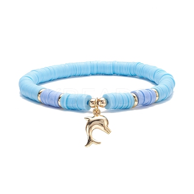 5Pcs 5 Style Polymer Clay Heishi Beaded Stretch Bracelets Set with Star and Dolphin Drop BJEW-JB07539-1