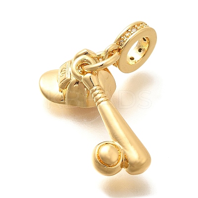 Brass Clear Cubic Zirconia Baseball Bat & Hat European Dangle Charms KK-U048-12G-1