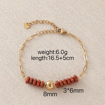 Synthetic Goldstone Hexagon Heishi Beads & 304 Stainless Steel Paperclip Chain Bracelets for Women SG1071-1-1