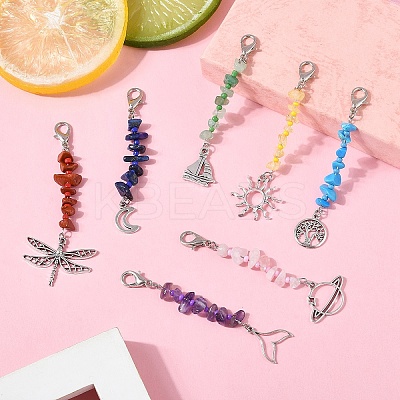 7Pcs Natural Gemstone & Glass & Alloy Pendant Decorations HJEW-YW00105-1