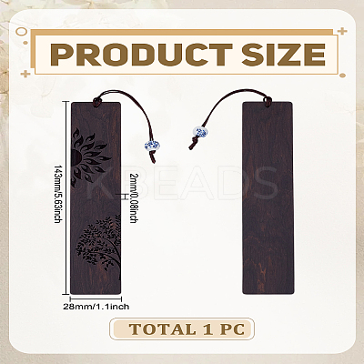 1Pc Rectangle Handmade Natural Wooden Carving Bookmarks with Rope Pendant AJEW-LP0004-27A-1