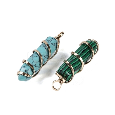 Natural & Synthetic Mixed Gemstone Double Terminal Pointed Copper Wire Wrapped Hexagon Prism Pendants G-C140-03-1