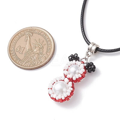 Glass Seed Beads & Glass Pearl Round Beaded Bear Pendant Waxed Cotton Cord Necklaces for Women Men NJEW-MZ00126-03-1